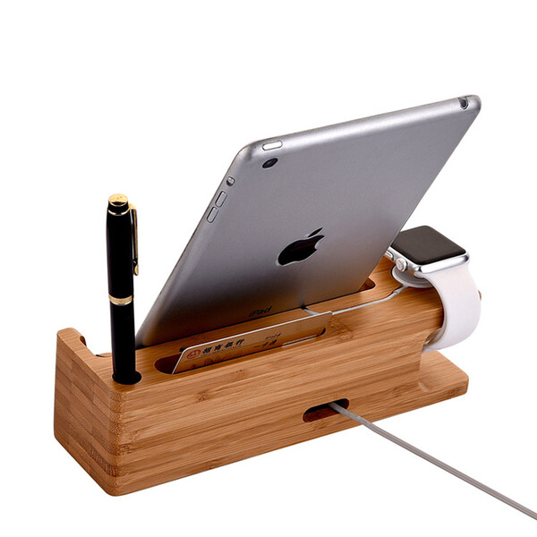 Smartphone-Organizer mit Kabelkanal fr Apple-Watch aus Holz